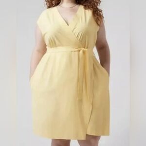 Athleta Newport Plus Size Stretch Wrap Dress, Yellow/White Stripe 3X W/ Pockets